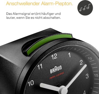 Classic analog radio alarm clock by Braun for the Central European Time Zone (CET/GMT+1) with snooze function and light, quiet movement, crescendo alarm in black, model BC07B-DCF