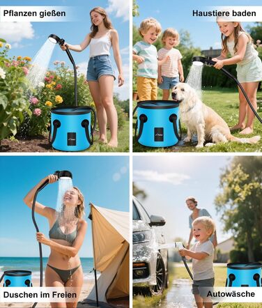 Портативна душова кабіна WADEO з акумулятором, помпою та підсвічуванням, 120 хвилин роботи, LED-ліхтар, мобільний душ-сет з 2м шлангом, душовою насадкою, тримачем та відром для саду, миття автомобіля, домашніх тварин, пляжу, подорожей (Блакитний, з відром