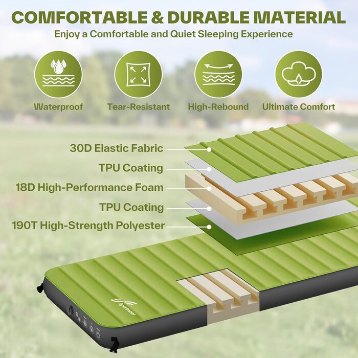 Sportneer Self-Inflating Camping Mat - 198x76cm Thick Sleeping Pad for Outdoor Adventures, Tent Use, Relaxing & Picnics