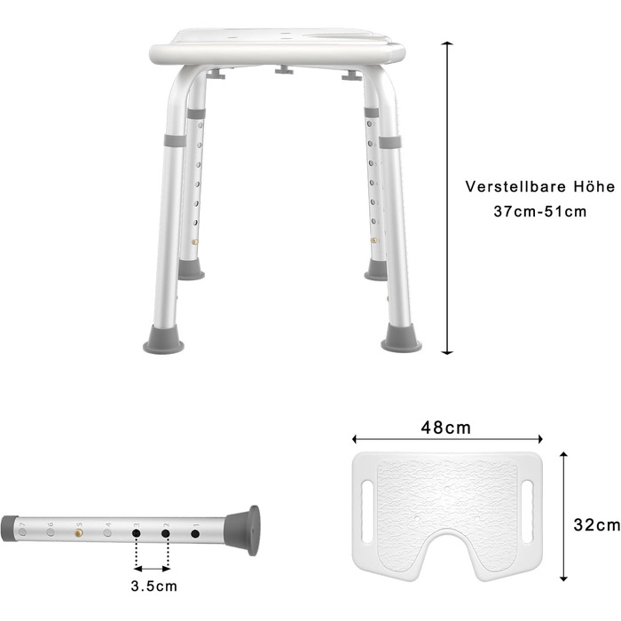 AUFUN Shower Stool, Adjustable Height 35-51cm, U-Shaped Shower Stool, Anti-Slip Bath Seat, Shower Aid, Shower Seat Made of Aluminum and Plastic for Elderly, Pregnant Women (U-Shaped Shower Stool)