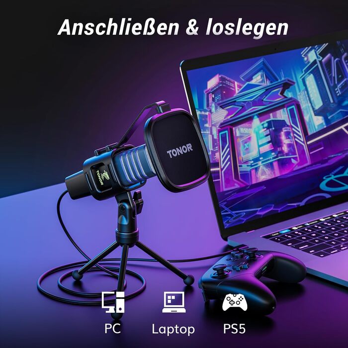 Мікрофон TONOR TC30 RGB з конденсаторним капсулою, нирковий характеристика, для стрімінгу, подкастингу, запису голосу, сумісний з ПК та ноутбуком