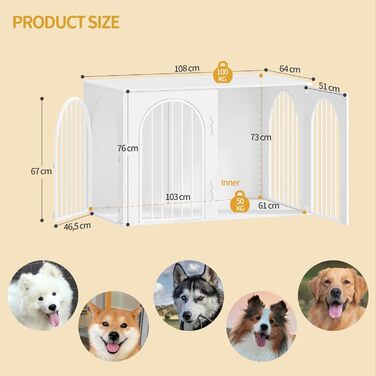 Hzuaneri Modern Dog Crate Furniture - Indoor Dog Kennel with 3 Doors & Tabletop - Durable White Dog Cage 108x64x76cm (DFC86013W)