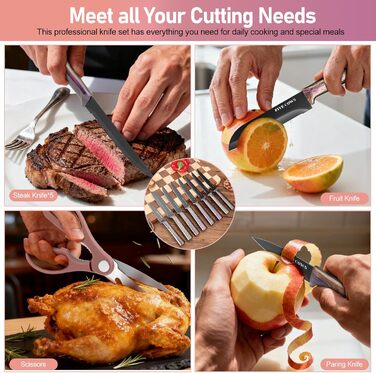 Набір кухонних ножів Messerblock 16 предметів з дерев'яною підставкою, дощечкою, захистом пальців, точилкою та кухонними ножицями. Професійний набір ножів для дому (зелений/рожевий)