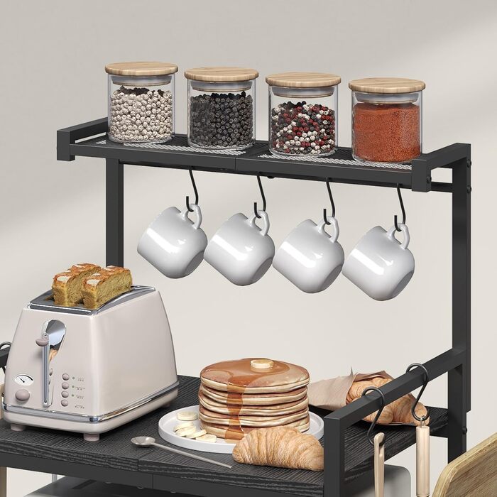 Поличка для мікрохвильової печі, кухонна поличка, 2 яруси, з підставкою для обробної дошки, органайзер з 8 гачками, чорний, ABRBN5301