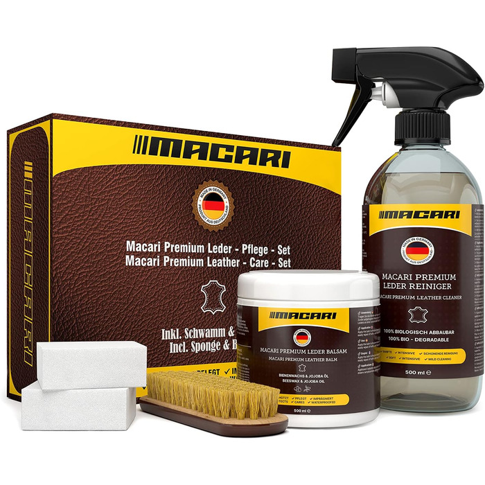 Macari Leather Care 500ml Balsam + 500ml Cleaner + 2 Sponges + Leather Brush Premium Leather Leather Cleaner Set Beeswax for Leather Couch, Car, Furniture, Jacket, Clothing, Sofa, Handbag, Shoes, Saddle Leather Fat