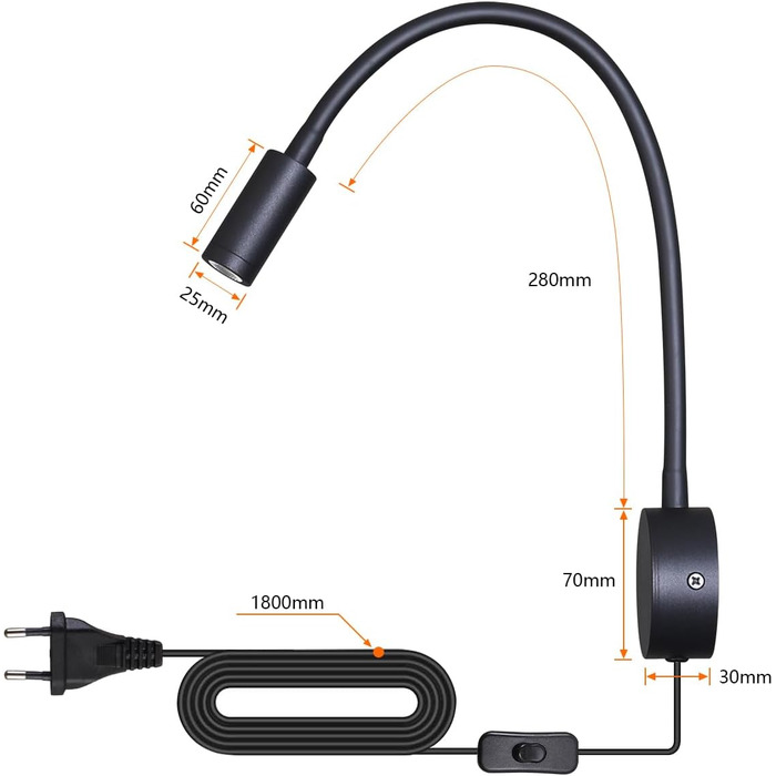 Настінний світлодіодний світильник для читання 3W теплий білий 3000K чорний з вимикачем на шнурі