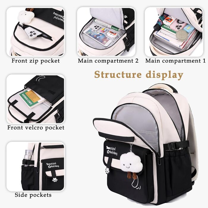 Шкільний рюкзак для дівчаток та хлопчиків-підлітків, рюкзак для жінок, великий шкільний ранець на 15.6 дюймів, рюкзак для ноутбука, шкільна сумка водонепроникна, рюкзак для школи, шкільні сумки для хлопчиків та дівчаток, бежевий колір