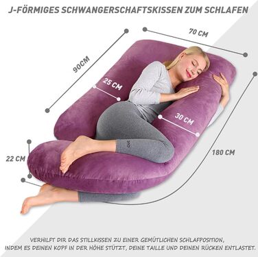 Подушка для вагітних CALIYO J-подібної форми, подушка для годування XXL, бічне положення, 180x70 см, бавовняна підкладка (фіолетовий)