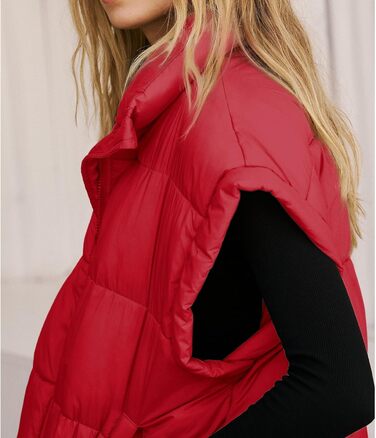 Жіноча велика пухова жилетка Songing з коміром-стійкою, блискавкою на всю довжину, без рукавів, стельмована, тепла (XXL, Червоний/Подорож, однотонна (Getaway Solids))