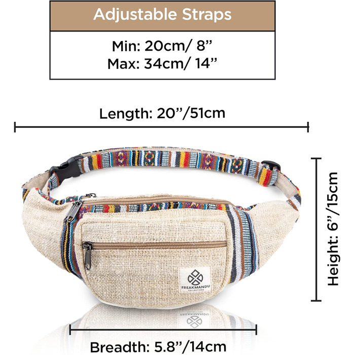 Чоловіча та жіноча поясна сумка Freakmandu з льону – фанні-пак, сумка через плече в бохо стилі, ручної роботи, для піших прогулянок, бігу, чоловіків та жінок, універсальний розмір