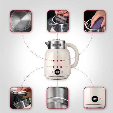 Електричний чайник LEHMANN з регулюванням температури 40-100°C, 1,5L, функцією підігріву, швидким нагріванням, LED-дисплеєм, нержавіючою сталлю, автовимкненням та захистом від перегріву, BPA-free, кремовий