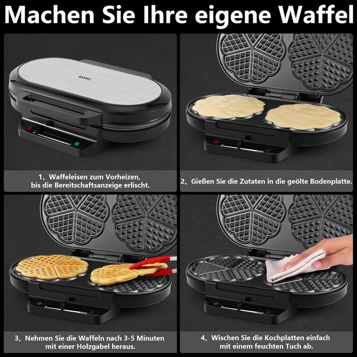 Heart-Shaped Waffle Maker - YASHE SW-2122M - Double Waffle Plates, Non-Stick Coating, Adjustable Temperature, 1200W