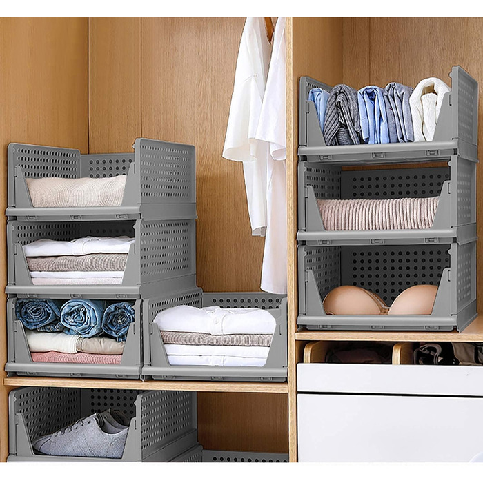 Set of 4 Stackable Folding Clothes Closet Storage Boxes, Plastic Closet Shelves, Closet Organizer Box, Pull-Out Drawer-Like Design, Suitable for Home, Bedroom, Kitchen (Gray)