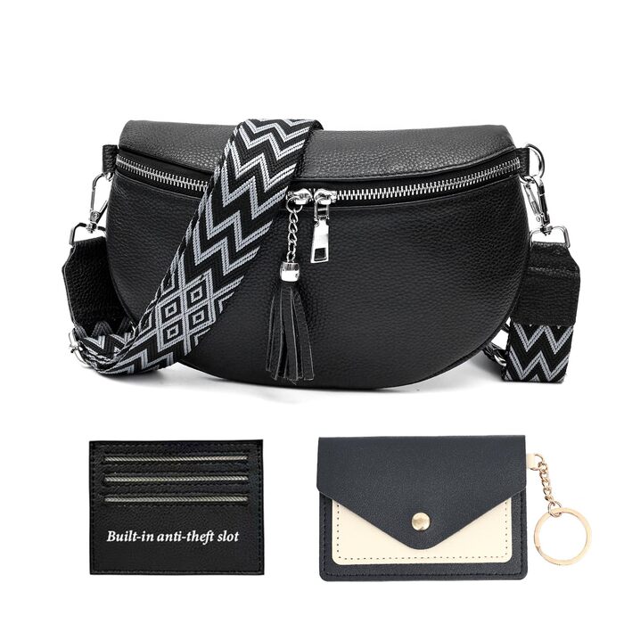 Жіноча сумка через плече з широким ременем, поясна сумка з натуральної шкіри, стильна з багатьма відділеннями для карток, кросбоді, гаманець (чорний)