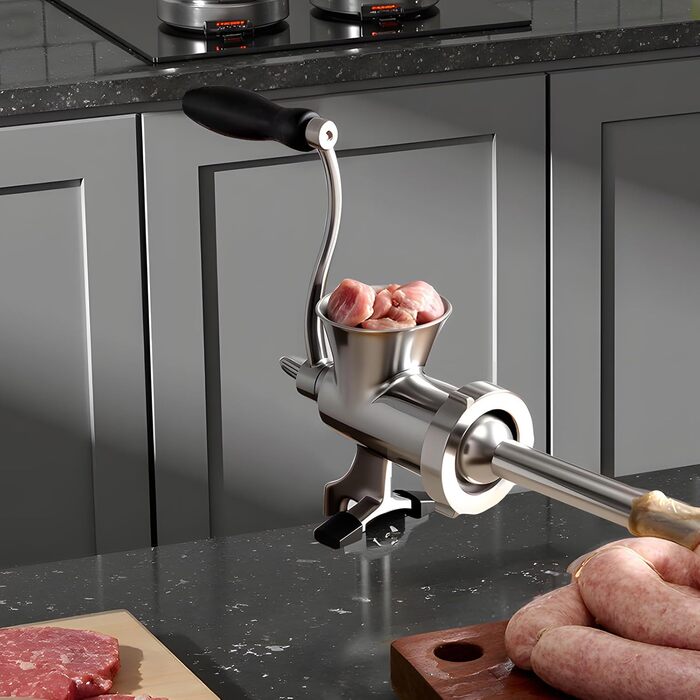 М'ясорубка ручна VEVOR з нержавіючої сталі 304, з присоскою для столу та насадками для ковбас (4.5/8 мм, 4 насадки)