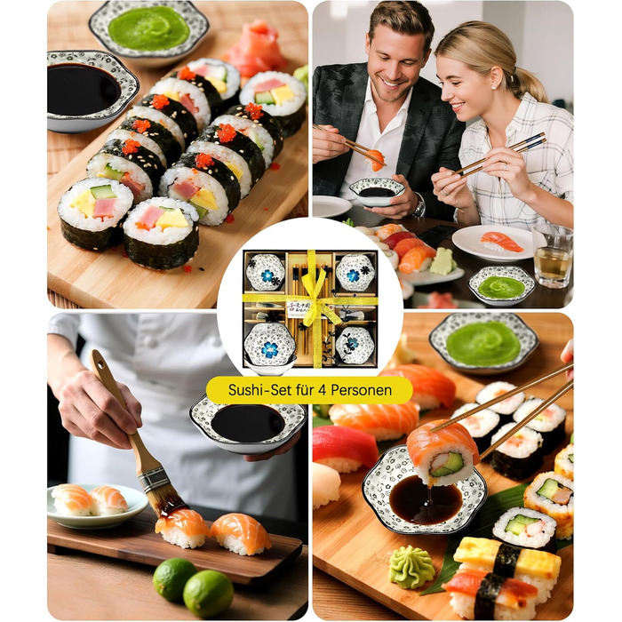 Набір для суші на 4 особи, 12 предметів, кераміка, набір для подачі суші, керамічні соусники, дизайн 'Плюм-квіт', ідеальний подарунок