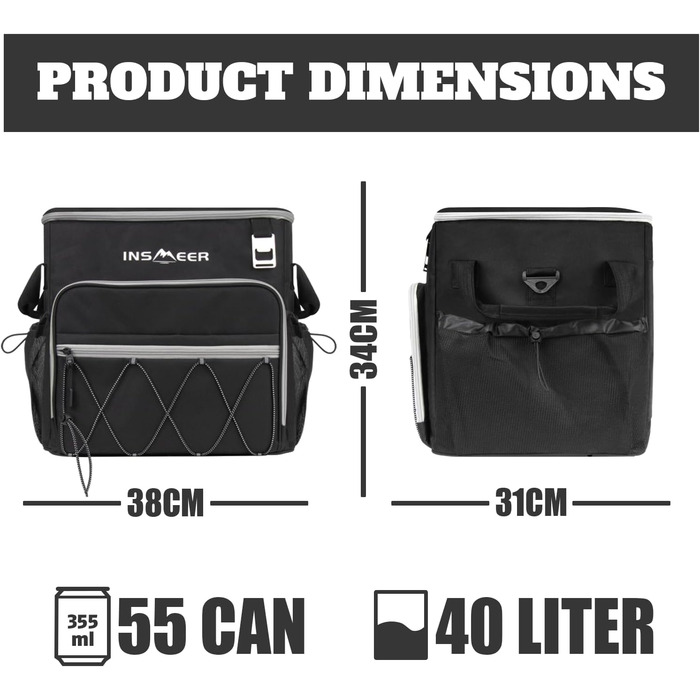 Сумка-холодильник INSMEER 40L з колесами, для пляшок, водонепроникна, чорна - для пляжу, кемпінгу, пікніка, покупок