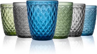 Norqvist Drinking Glasses Set Colorful - Glass Set - Colored Water Glasses, Juice Glasses - Set of 6, 250 ml - Dishwasher Safe - Modern Design with Patterns