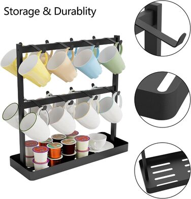 YUMORE Mug Holder with 16 Hooks, Metal Coffee Cup Holder with Storage Bottom, Coffee Mug Holder, Cup Rack for Kitchen, Dining Room, Cafe Counter, Black, 42 * 15 * 41.5cm