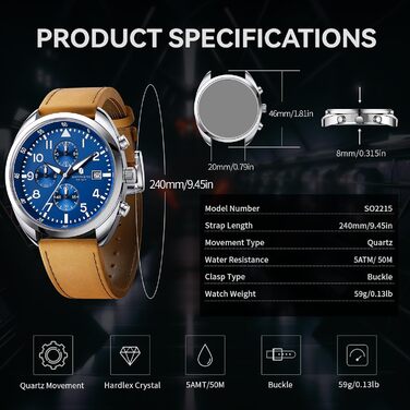 Годинник чоловічий SAPPHERO кварцові з шкіряним ремінцем. Класичний бізнес-годинник з хронографом, водостійкий (50 м), синій циферблат, арабські цифри.