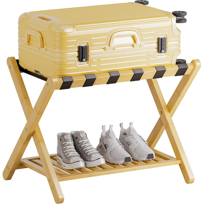 SMIBUY Luggage Rack, Foldable Bamboo Suitcase Stand with Storage Compartments for Guest Rooms, Bedrooms, Hotels, Heavy Duty (Natural Color)