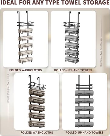Настінний тримач для рушників у ванну кімнату, без свердління, 6-ступенева наддверна полиця для рушників, багаторівневий органайзер для рушників на двері, чорний, великий
