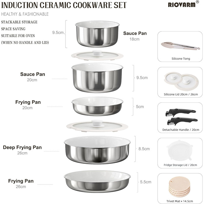 RIOVARM Induction Cookware Set with Detachable Handles - 16 Piece Nonstick Granite Stackable Pots and Pans Set with Silicone Lids - PFOA Free Stainless Steel