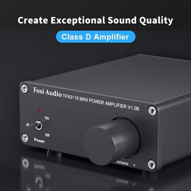 Fosi Audio V1.0B стерео підсилювач 2x50 Вт, 2-канальний міні Hi-Fi класу D, інтегрований TPA3116, з блоком живлення 19 В 4,74 А для динаміків