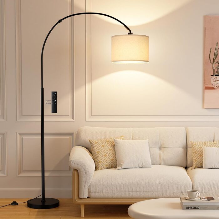 Торшер для вітальні Stehlampe з димером, LED E27, пульт ДУ, бежевий плафон, чорна база, поворотний, 180 см