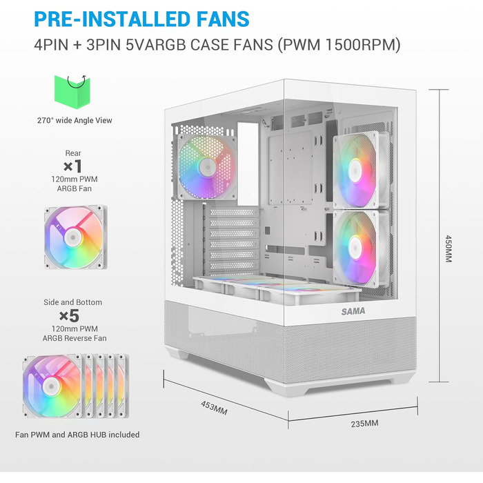 Корпус ПК SAMA V40 Mid-Tower ATX з 6 вентиляторами 120 мм ARGB PWM, подвійні панелі з загартованого скла, Dual Chamber, USB 3.1 Type-C, підтримка ATX/mATX/ITX GPU, білий колір