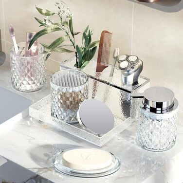 Набір аксесуарів для ванної кімнати зі скла, 5 предметів: мильниця, стакан, органайзер, тримач для зубних щіток, флакон для мила. Прозорий декор для раковини.
