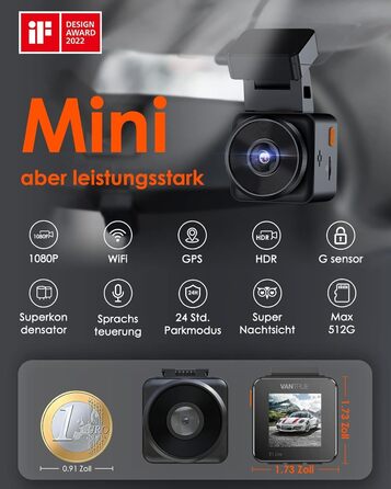 VANTRUE E1 Lite Mini Dashcam: відеореєстратор для авто з WiFi, 1080P HDR, 30fps, GPS, G-Sensor, нічне бачення, паркувальний режим, 160°