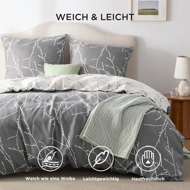 BEDSURE Комплект постільної білизни 200x200 3 шт. з двома наволочками 80x80 см, сірий малюнок гілок, для двоспального ліжка