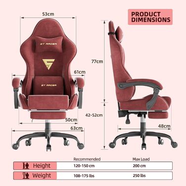 Геймерське крісло Ferghana Ergonomischer з підголівником та підтримкою спини, тканинне, червоне - для офісу та ігор