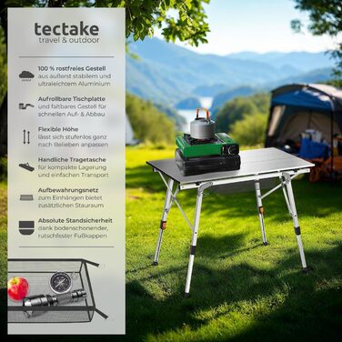Складаний туристичний стіл Tectake® з алюмінію, 90 x 52 см, срібний. Регульована висота, водостійкий, з сумкою