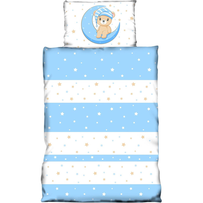 Дитяча постільна білизна One-Home Kinder для малюків 100x135 см + 40x60 см, ведмедики, зірки, місяць, блакитна мікрофібра