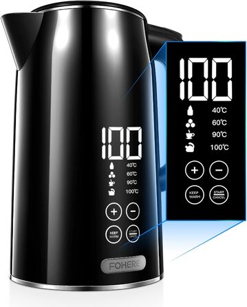 Електричний чайник FOHERE з регулюванням температури 1.7L, LCD дисплеєм (40°C - 100°C), чорний, з підігрівом до 240 хв, 2200W