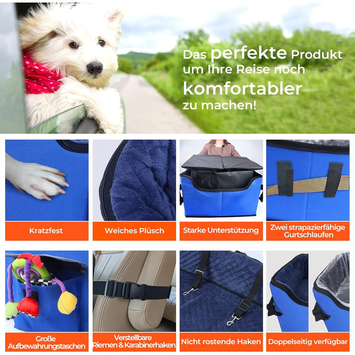 Stable Multi-Pet Car Seat Booster with Safety Belt for Medium Dogs - Washable & Reinforced Dog Basket for Rear Seat (Blue, M)