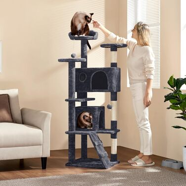 Кігтеточка для котів Yaheetech, велика, 158 см, з 3 платформами, 3 стовпчиками для заточування, 2 будиночками, м'ячиками, сірого кольору
