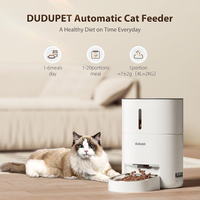 Автоматичний годівник для котів DUDUPET з Wi-Fi, 4L, з пультом дистанційного керування, запис голосу, нержавійна чаша, білий