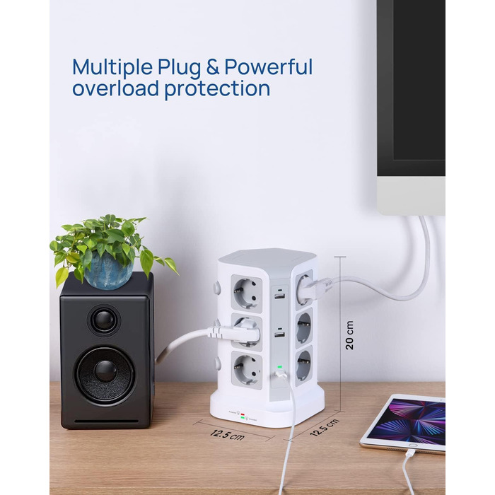 Стедова вежа KOOSLA з 12 розетками, захистом від перенапруги (4000W/16A), 6 USB-портів (20W USB-C), 2м, для офісу, кухні, столу (білий)