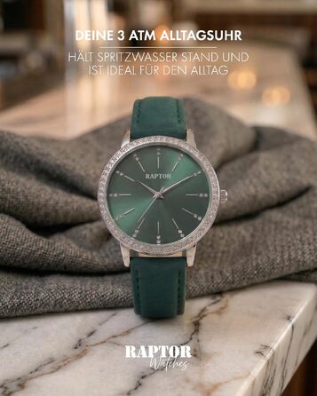 Жіночий наручний годинник Raptor elegant з блискітками, сріблястий корпус та чорний шкіряний ремінець