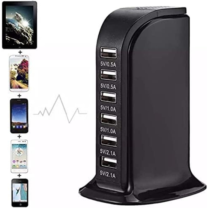 Зарядний пристрій USB мережевий 30W, 6 портів, для iPhone 12/13/14, Samsung Galaxy S22 Ultra/Z Fold/Z Flip, планшетів - Чорний