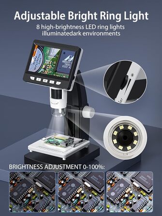Цифровий мікроскоп AOPICK з LCD екраном, роздільна здатність 50X-500X, 4.3-дюймовий 1080P USB мікроскоп з 8 регульованими LED-лампами, для ПК, дорослих/дітей, сумісний з MacOS Windows (темно-сірий)