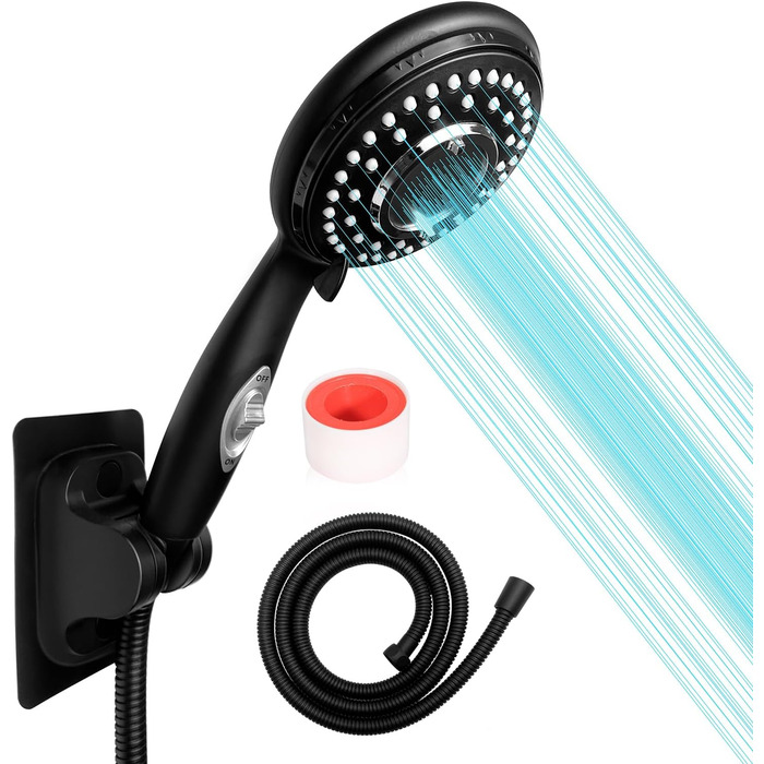 Handheld shower with on/off switch, water-saving, high-pressure showerhead, 150 cm hose, wall-mounted, white painted (matte black)