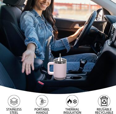 Термокружка WATERSY 40oz з нержавіючої сталі, 591 мл, з подвійними стінками, з ручкою та трубочкою, для гарячих та холодних напоїв (колір: рожевий)