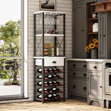 Homeiju Wine Rack, Freestanding Floor, Bar Cabinets for Liqueurs and Glasses, 4-Tier Bar Cabinet with Tabletop, Glass Holders, Storage Drawer, and Wine Storage for Living Room, Kitchen, (Vintage)