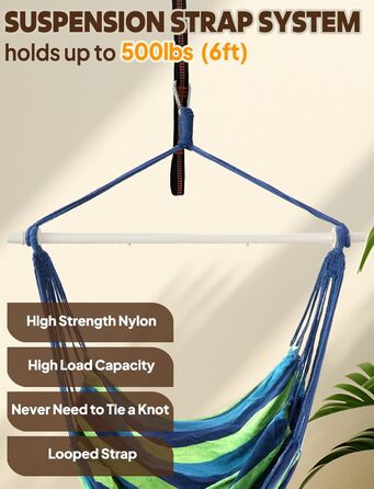 Підвісне крісло-гойдалка Chihee для дому та саду 130x100 см, смугасте (синьо-зелене). Бавовна, високий комфорт, для тераси, двору, саду.