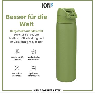 Ion8 Stainless Steel Drinking Bottle, 600 ml, Leak-Proof, One-Hand Operation, Secure Locking Mechanism, Dishwasher Safe, Flip-Top Lid, Carrying Handle, Easy to Clean, Durable & Scratch-Resistant (Stainless Steel, Khaki Green)
