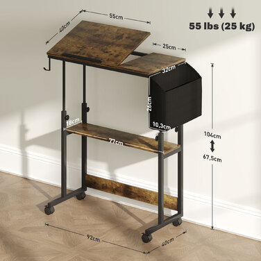 HOMCOM Height-Adjustable Desk, 92 x 40 cm, Computer Desk with Wheels, Tilting Platform, Storage Bag, for Study Room, Office, Steel, Rustic Brown | Aosom